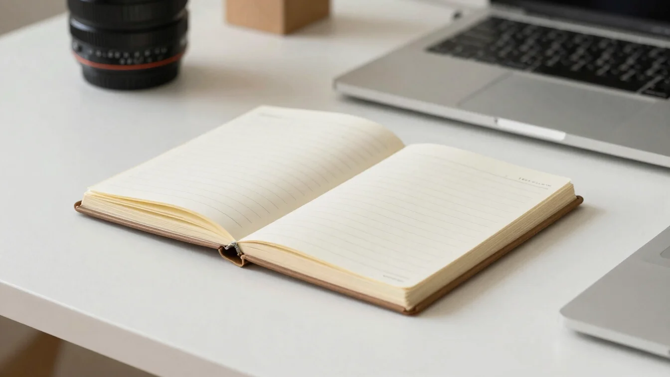 Notebook fino sobre mesa de escritório clara, luz natural difusa,